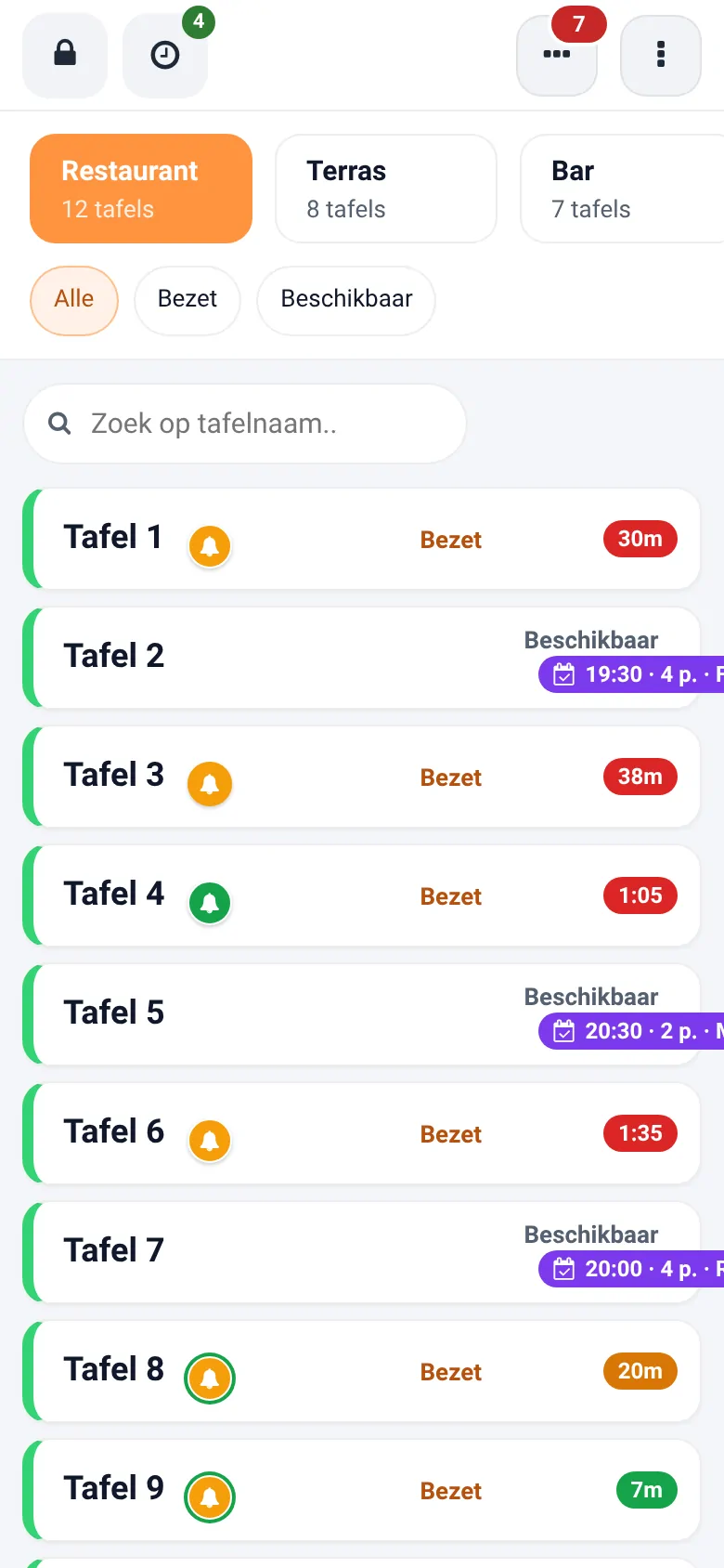 De tafellijst op een telefoon met bezette en vrije tafels, timers en een bel