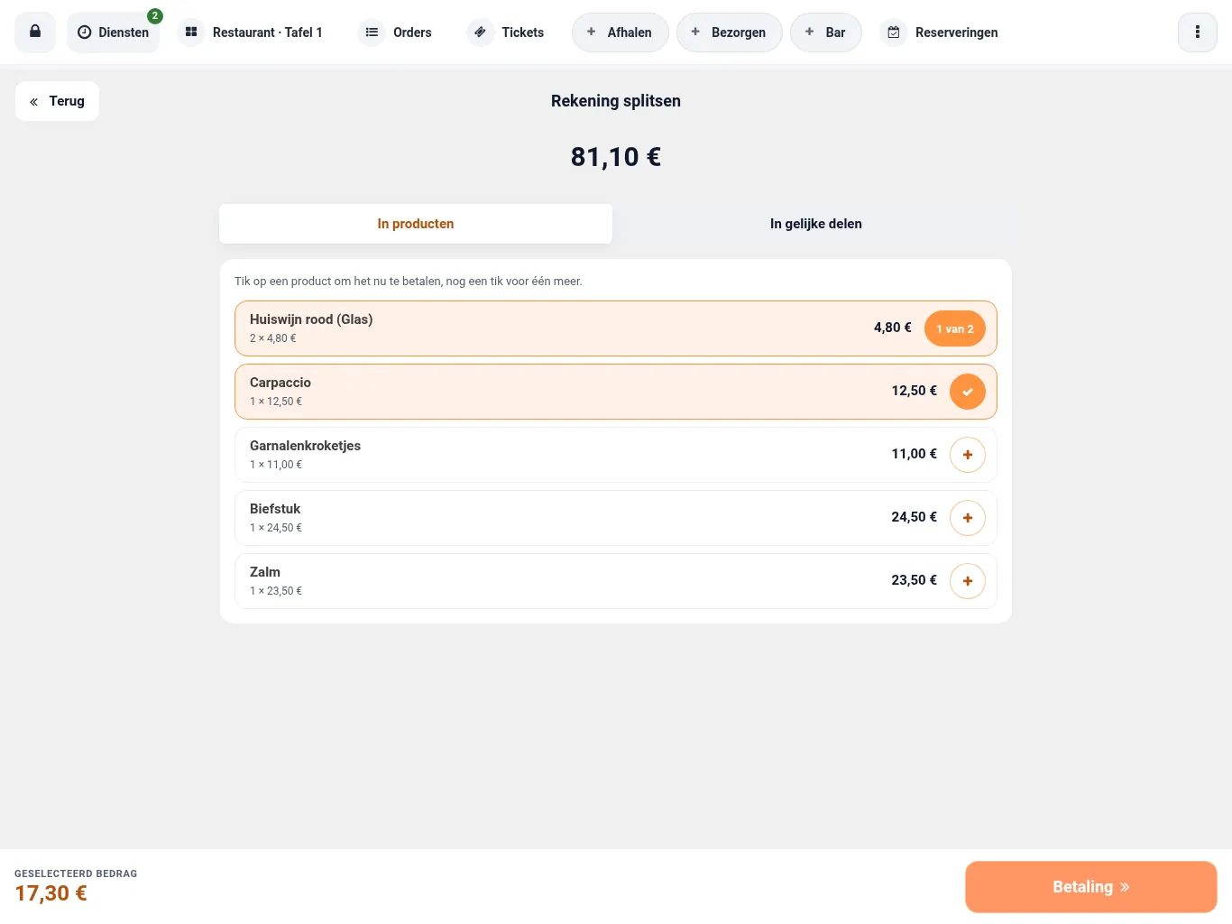 Het scherm Rekening splitsen met In producten gekozen en enkele geselecteerde regels