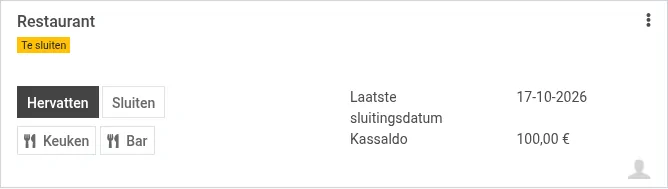 De kaart van een kassa op het kassadashboard met de knoppen Keuken en Bar