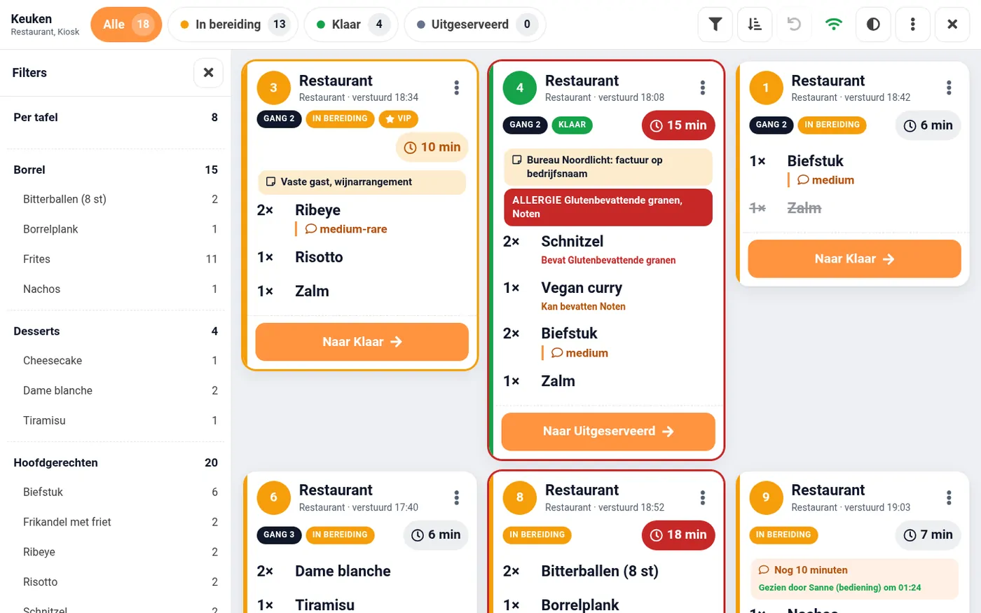 Het filterpaneel met tafels, categorieën en producten, en bovenaan het overzicht van één tafel