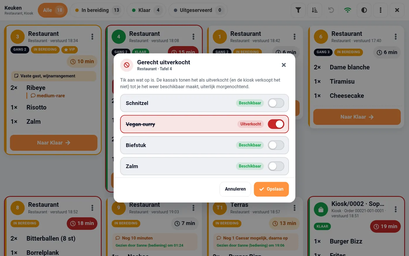Het venster Gerecht uitverkocht met een gerecht op Uitverkocht en de andere op Beschikbaar