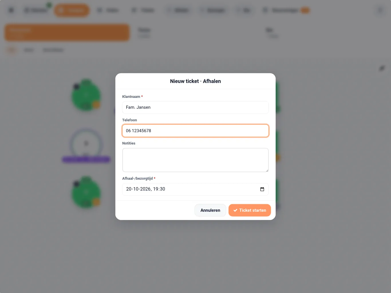 Het venster Nieuw ticket · Afhalen met de velden Klantnaam, Telefoon en Afhaal-/bezorgtijd