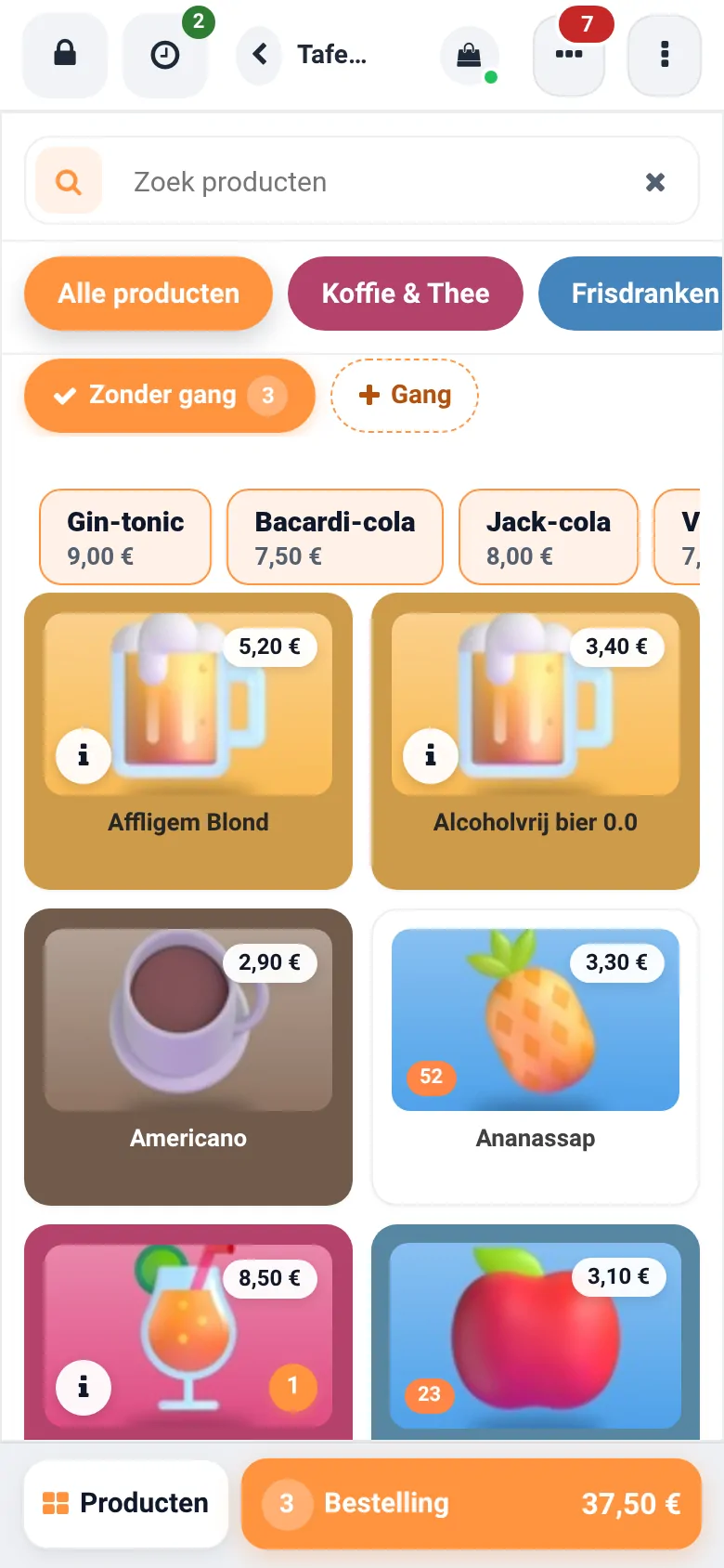 De kassa op een telefoon met de onderbalk Producten en Bestelling