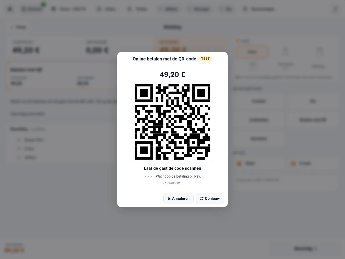 Het venster Online betalen met de QR-code met het bedrag, de QR-code en de knoppen Opnieuw en Annuleren