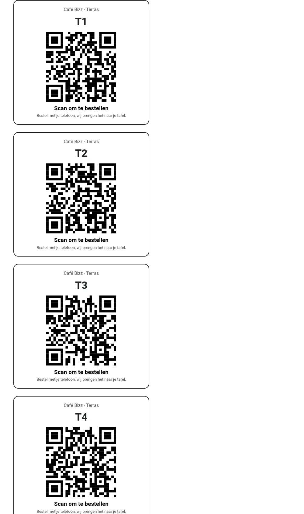 De PDF met QR-kaarten: per tafel het tafelnummer, de QR-code en Scan om te bestellen