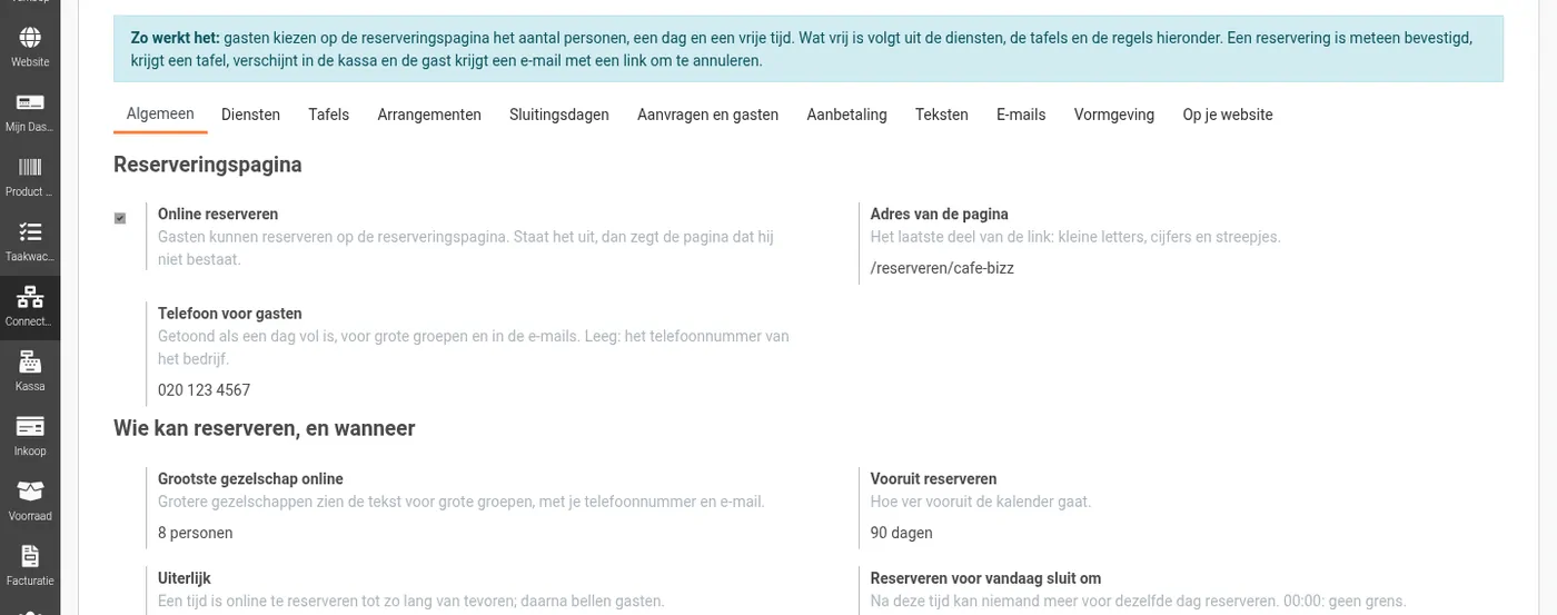 De instellingen van online reserveren met het tabblad Algemeen en het blok Zo werkt het