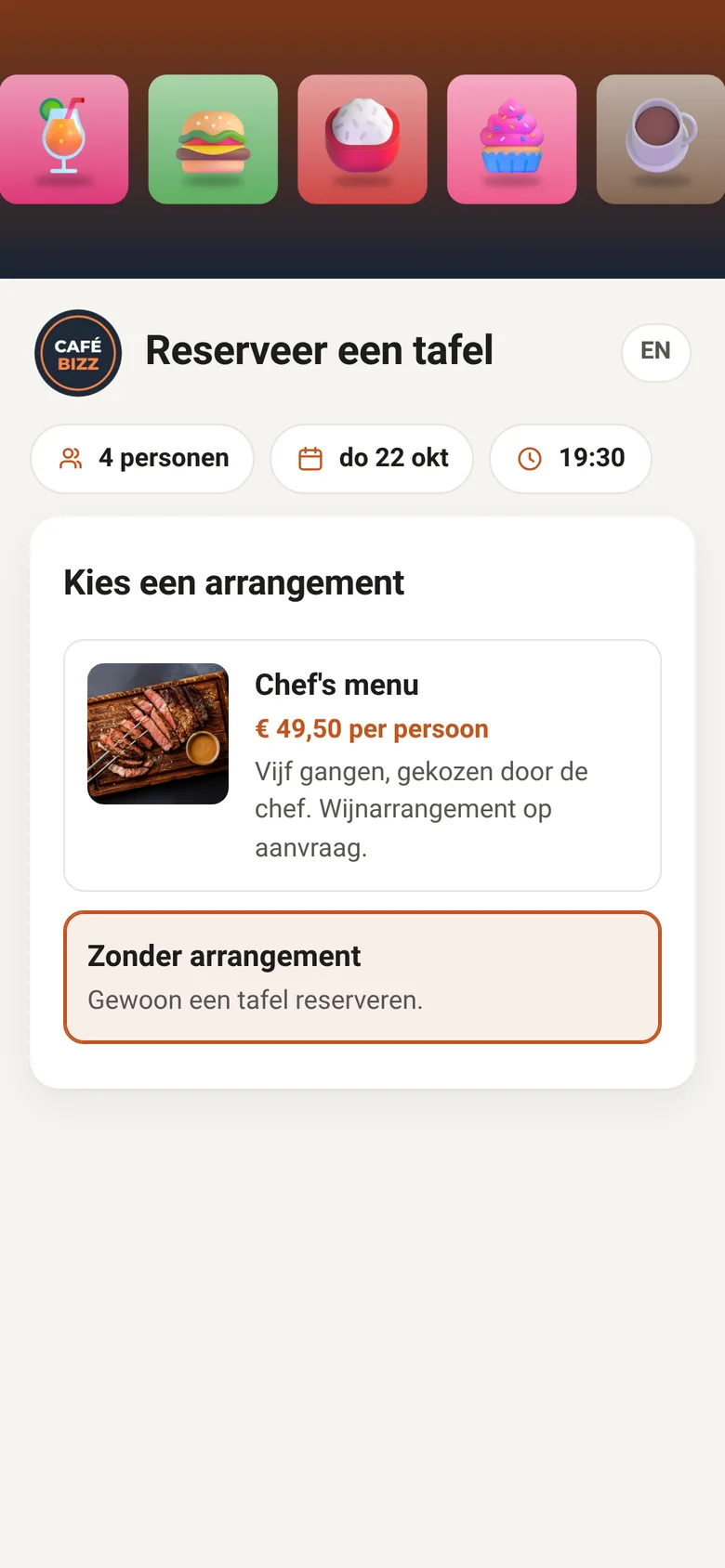 De reserveringspagina met de keuze uit arrangementen na het kiezen van een tijd