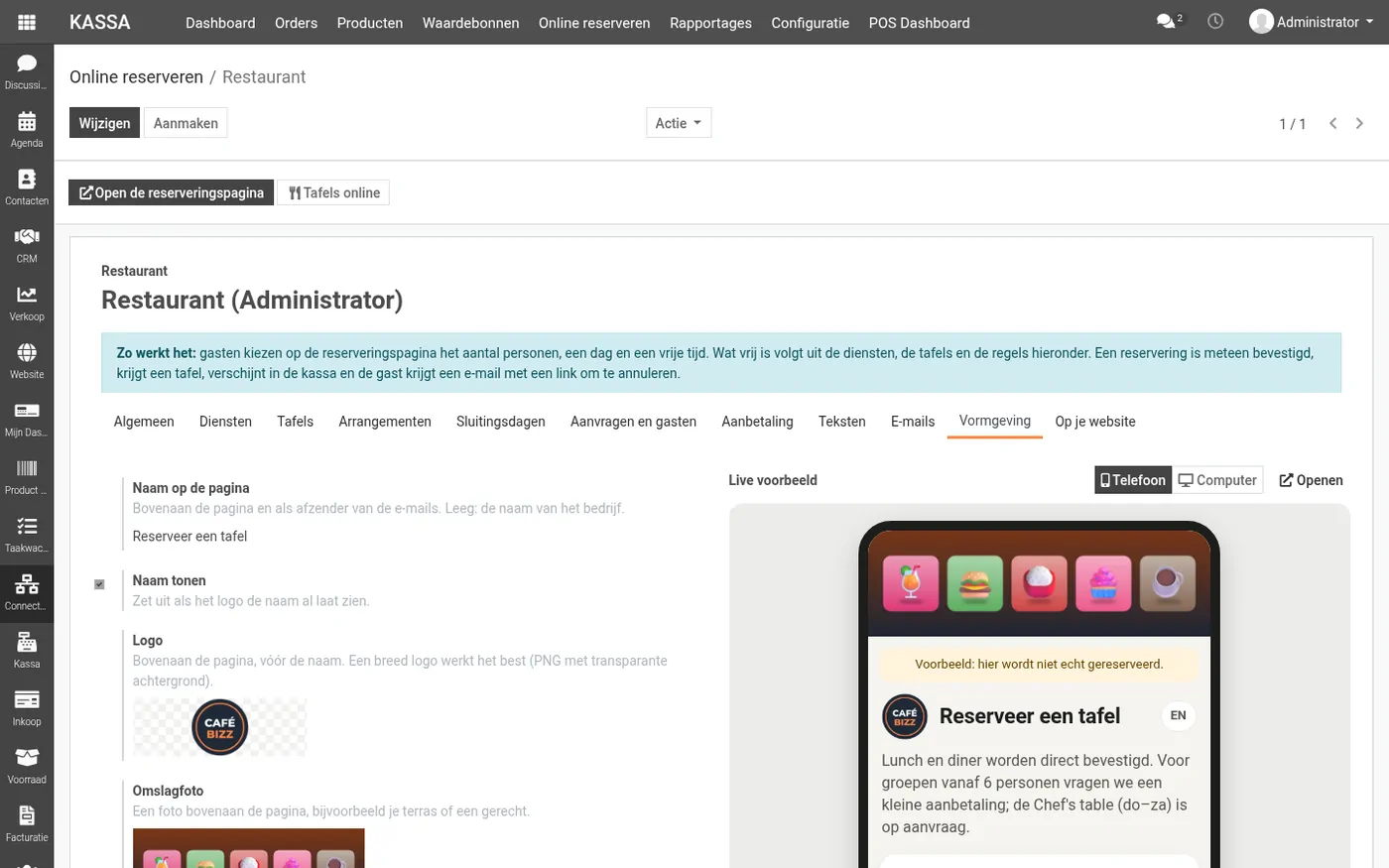 Het tabblad Vormgeving met links de instellingen en rechts het live voorbeeld van de reserveringspagina