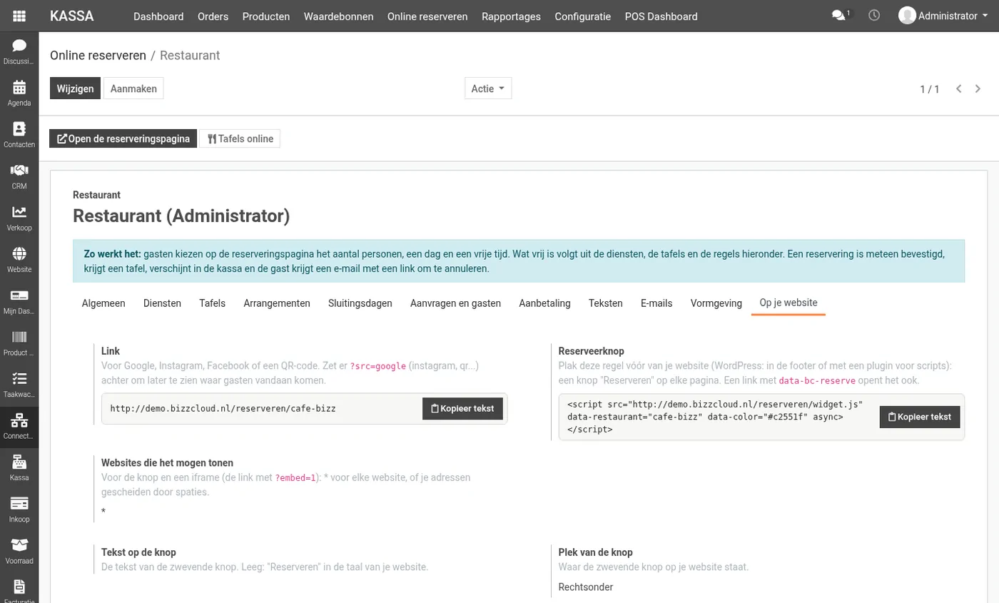 Het tabblad Op je website met Link en Reserveerknop