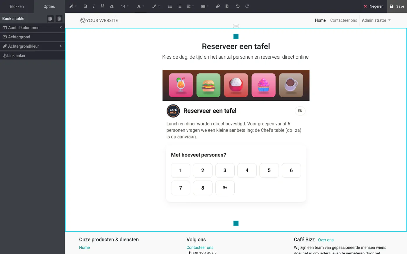 Een websitepagina in de editor met het bouwblok voor reserveren
