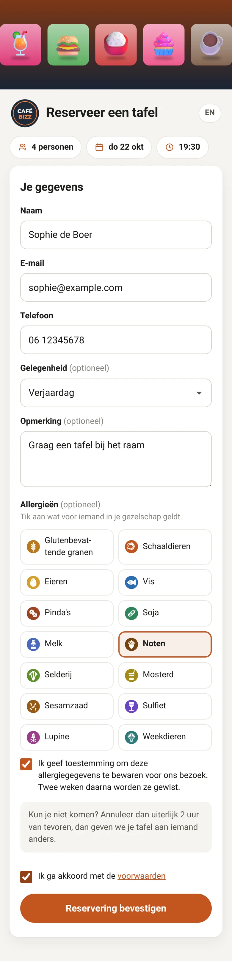 De reserveringspagina met de allergenen om aan te vinken en het vakje voor toestemming