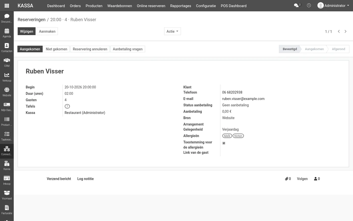 Een reservering in de backoffice met de allergieën van het gezelschap
