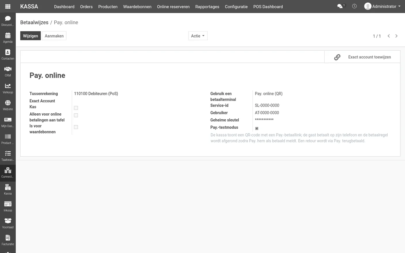 Het formulier van een betaalmethode met Betaalterminal Pay. online (QR) en de uitleg dat BizzCloud de koppeling inricht