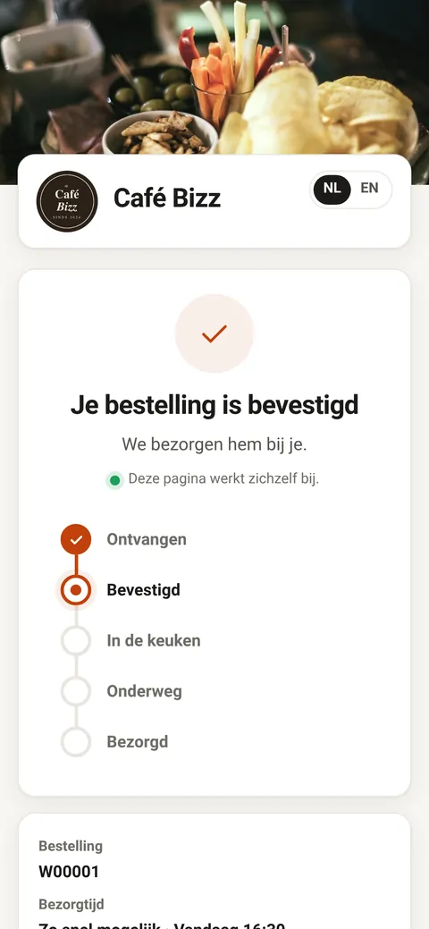 De statuspagina: de bestelling is bevestigd, met de stappen tot bezorgd