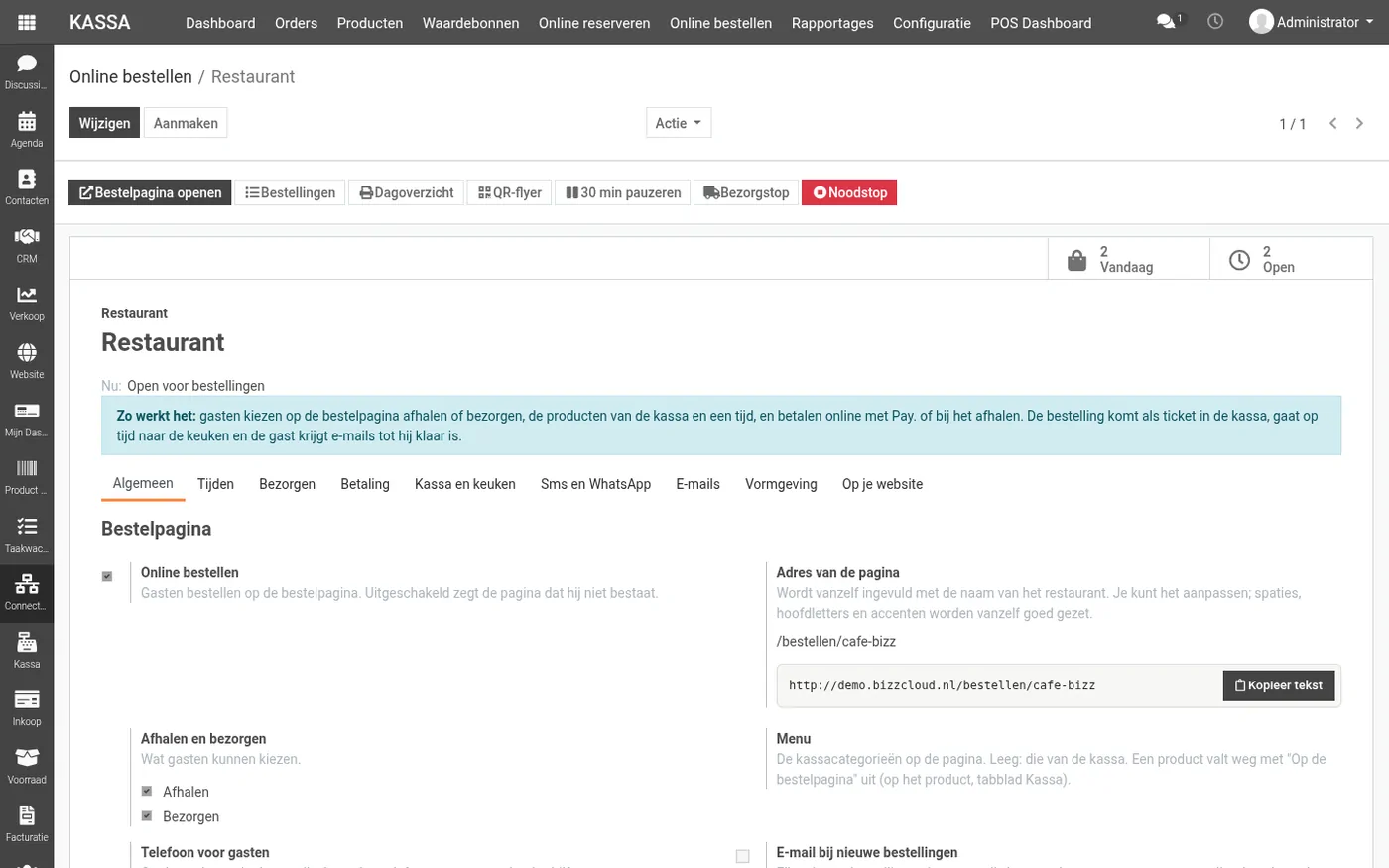 De instellingen van online bestellen met het tabblad Algemeen