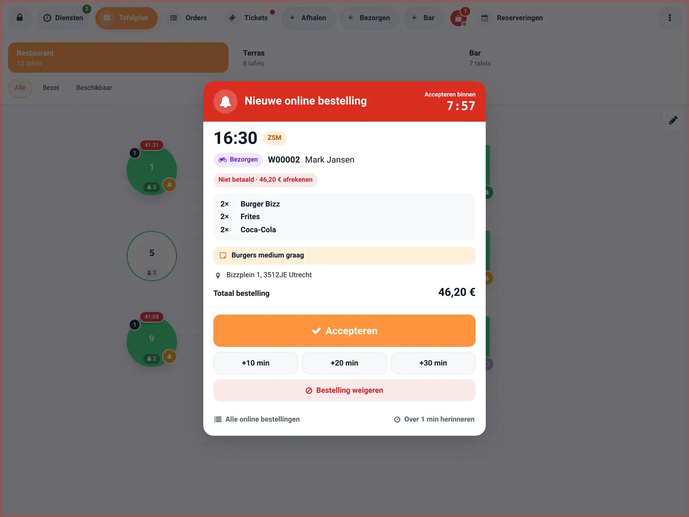 De melding Nieuwe online bestelling met Accepteren, +10, +20 en +30 minuten en Bestelling weigeren